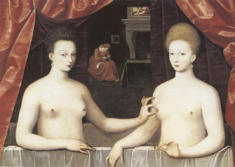 School of Fontainebleau Gabrielle d-Estree and the Duchesse de Villars oil painting image